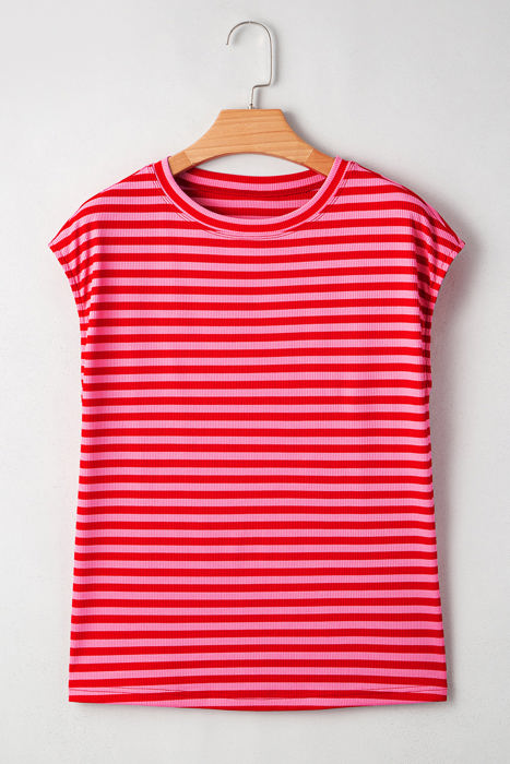Sarahi Stripe Ribbed Cap Sleeve Round Neck Top