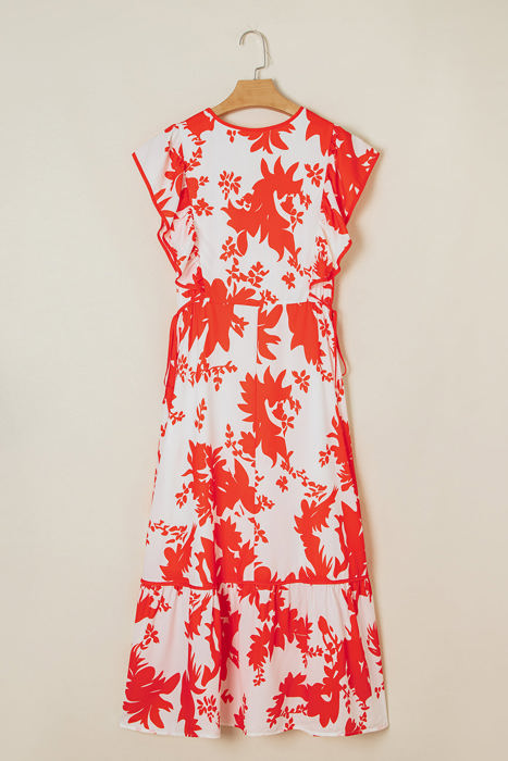 Scarlett Floral Trimmed V Neck Ruffle Sleeve Long Dress