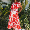 Red Small Scarlett Floral Trimmed V Neck Ruffle Sleeve Long Dress