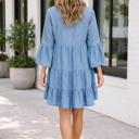  Sky Blue Chambray Ruffled 3/4 Sleeve Tiered Split V Neck Mini Dress
