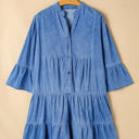  Sky Blue Chambray Ruffled 3/4 Sleeve Tiered Split V Neck Mini Dress