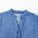  Sky Blue Chambray Ruffled 3/4 Sleeve Tiered Split V Neck Mini Dress