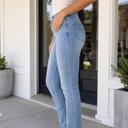  Sky Blue Double Button Raw Hem Slim Fit Jeans