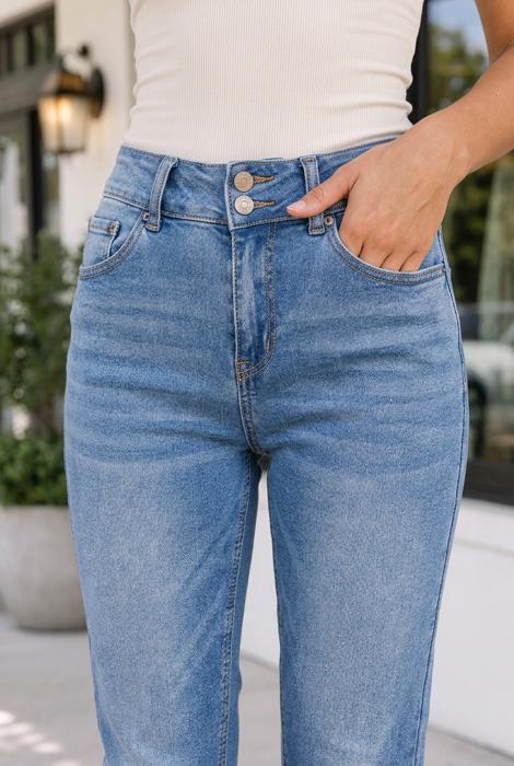 Sky Blue Double Button Raw Hem Slim Fit Jeans