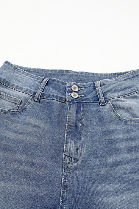 Sky Blue Double Button Raw Hem Slim Fit Jeans