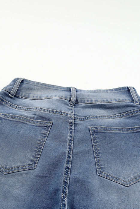 Sky Blue Double Button Raw Hem Slim Fit Jeans