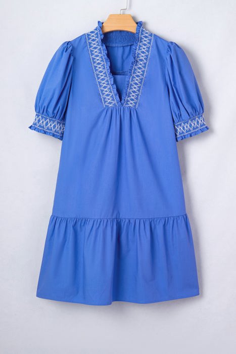 Sky Blue Embroidered Smocked Detail V Neck Short Puff Sleeve Mini Dress