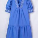  Sky Blue Embroidered Smocked Detail V Neck Short Puff Sleeve Mini Dress