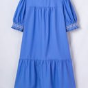  Sky Blue Embroidered Smocked Detail V Neck Short Puff Sleeve Mini Dress