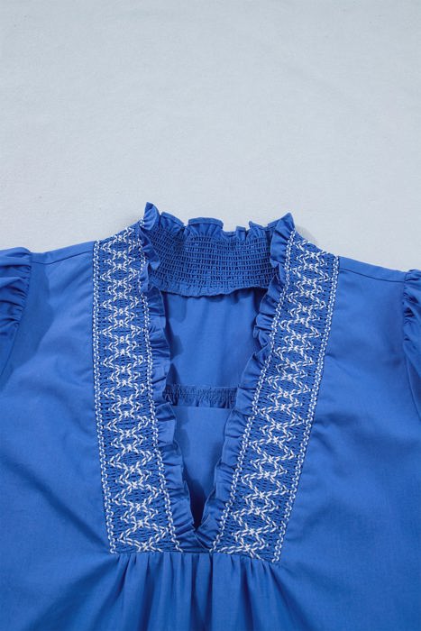 Sky Blue Embroidered Smocked Detail V Neck Short Puff Sleeve Mini Dress