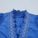  Sky Blue Embroidered Smocked Detail V Neck Short Puff Sleeve Mini Dress
