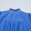  Sky Blue Embroidered Smocked Detail V Neck Short Puff Sleeve Mini Dress