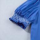  Sky Blue Embroidered Smocked Detail V Neck Short Puff Sleeve Mini Dress