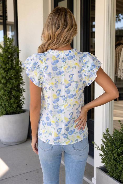 Sky Blue Floral Print Frilled Notched V Neck Blouse