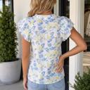  Sky Blue Floral Print Frilled Notched V Neck Blouse