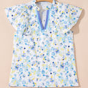  Sky Blue Floral Print Frilled Notched V Neck Blouse