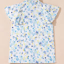  Sky Blue Floral Print Frilled Notched V Neck Blouse