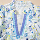  Sky Blue Floral Print Frilled Notched V Neck Blouse