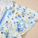  Sky Blue Floral Print Frilled Notched V Neck Blouse