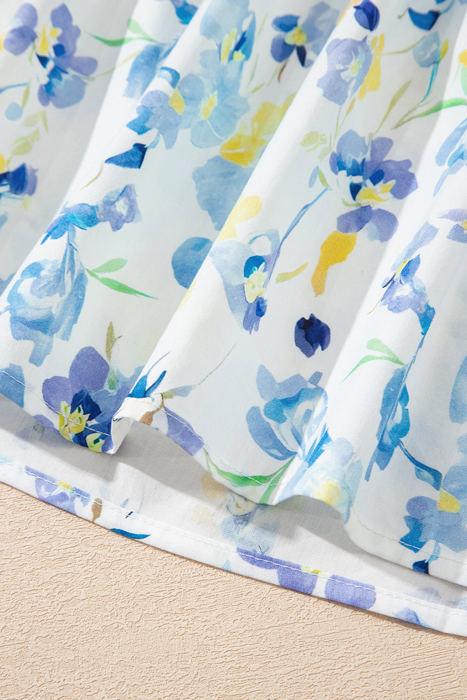 Sky Blue Floral Print Frilled Notched V Neck Blouse