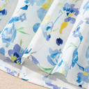  Sky Blue Floral Print Frilled Notched V Neck Blouse