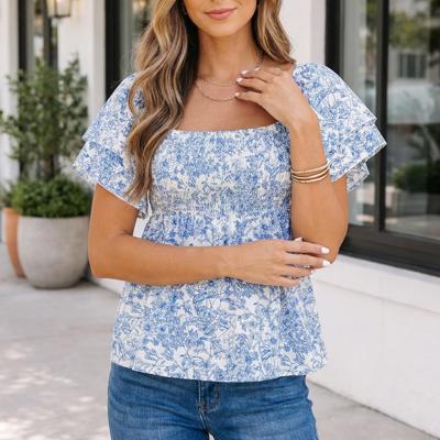 Sky Blue Floral Print Square Neck Ruffled Sleeve Shirred Babydoll Blouse