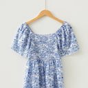  Sky Blue Floral Print Square Neck Ruffled Sleeve Shirred Babydoll Blouse