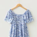  Sky Blue Floral Print Square Neck Ruffled Sleeve Shirred Babydoll Blouse
