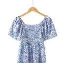  Sky Blue Floral Print Square Neck Ruffled Sleeve Shirred Babydoll Blouse