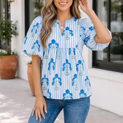 Sky Blue Floral Print Tie Neck Puff Sleeve Blouse