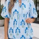  Sky Blue Floral Print Tie Neck Puff Sleeve Blouse