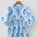  Sky Blue Floral Print Tie Neck Puff Sleeve Blouse