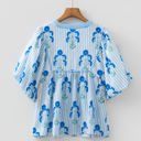  Sky Blue Floral Print Tie Neck Puff Sleeve Blouse