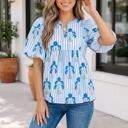 Sky Blue Large Sky Blue Floral Print Tie Neck Puff Sleeve Blouse