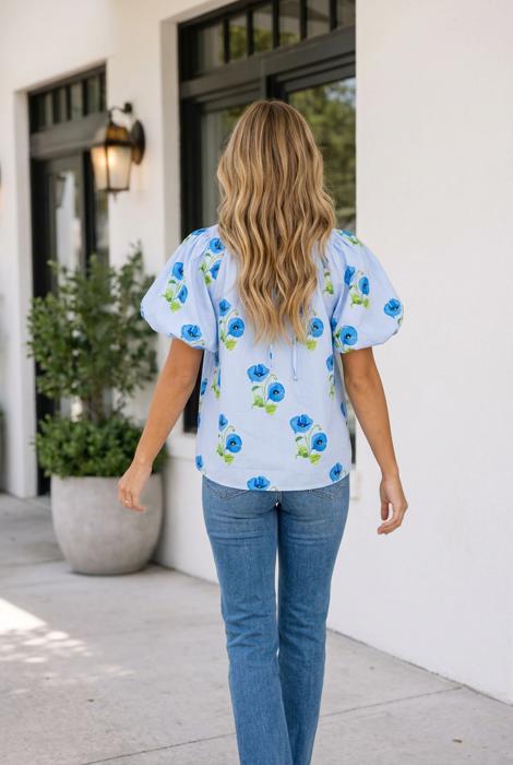 Sky Blue Floral Print Tie Split Neck Short Puff Sleeve Blouse