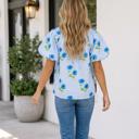  Sky Blue Floral Print Tie Split Neck Short Puff Sleeve Blouse