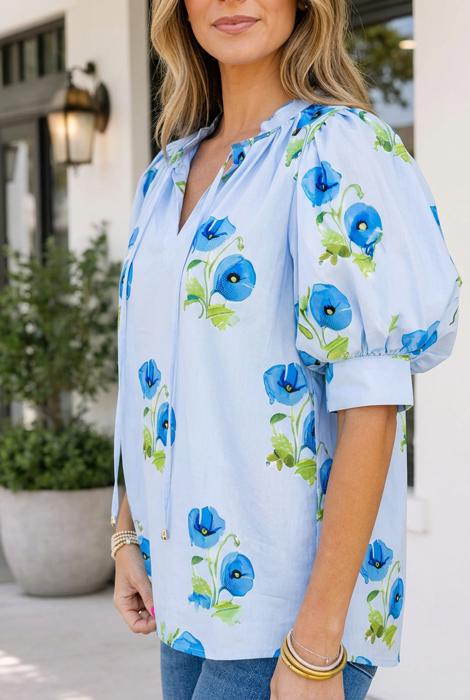 Sky Blue Floral Print Tie Split Neck Short Puff Sleeve Blouse