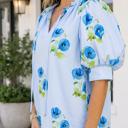  Sky Blue Floral Print Tie Split Neck Short Puff Sleeve Blouse