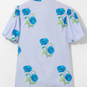  Sky Blue Floral Print Tie Split Neck Short Puff Sleeve Blouse