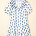  Sky Blue Floral Puff Sleeve Tied Neck Pocketed Mini Dress