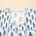  Sky Blue Floral Puff Sleeve Tied Neck Pocketed Mini Dress