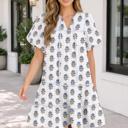 Sky Blue XL Sky Blue Floral Puff Sleeve Tied Neck Pocketed Mini Dress