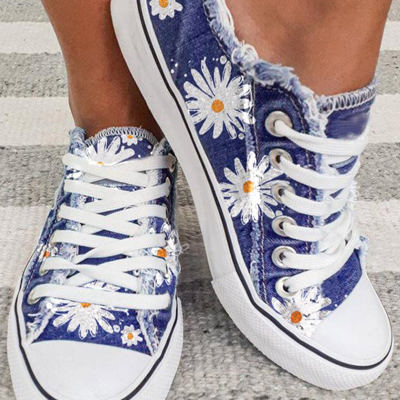 Sky Blue Frayed Denim Daisy Print Lace-up Shoes