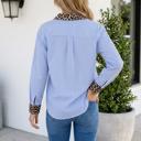  Sky Blue Stripe Ruffled Leopard Patchwork Long Sleeve Button Down Loose Shirt