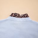  Sky Blue Stripe Ruffled Leopard Patchwork Long Sleeve Button Down Loose Shirt
