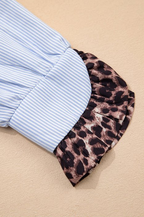 Sky Blue Stripe Ruffled Leopard Patchwork Long Sleeve Button Down Loose Shirt