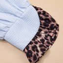  Sky Blue Stripe Ruffled Leopard Patchwork Long Sleeve Button Down Loose Shirt