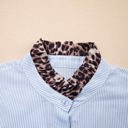  Sky Blue Stripe Ruffled Leopard Patchwork Long Sleeve Button Down Loose Shirt