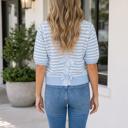  Sky Blue Stripe Short Sleeve Knit V Neck Bow Knot Sweater