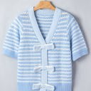  Sky Blue Stripe Short Sleeve Knit V Neck Bow Knot Sweater